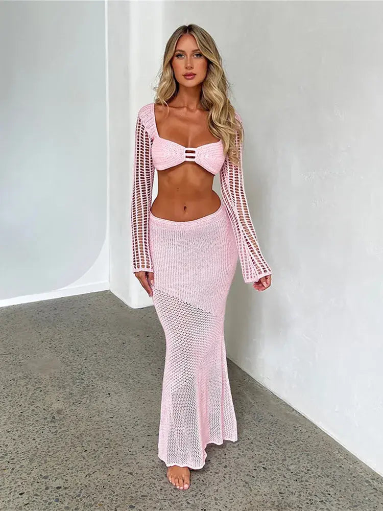 2 Piece Set Crochet top W/ Long Sleeve